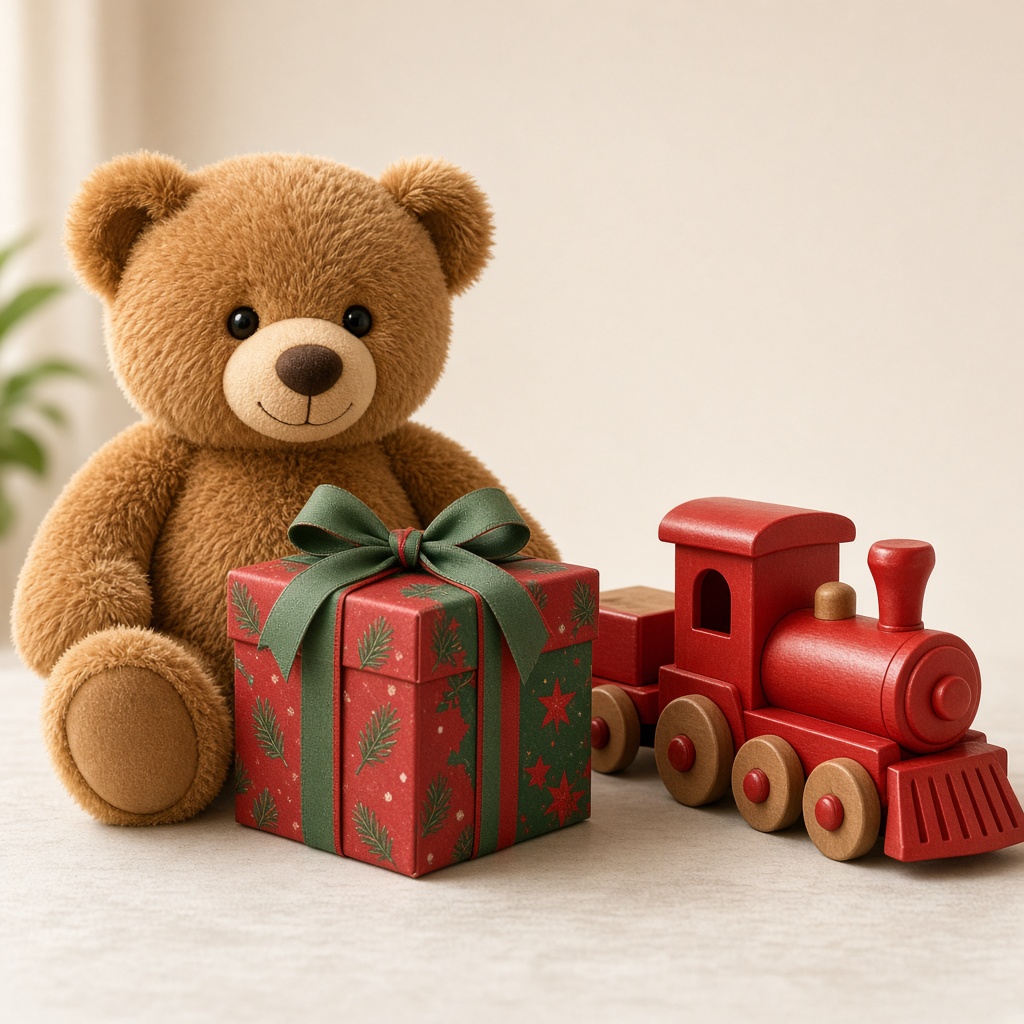 Osito de peluche, regalo navideño y tren de juguete